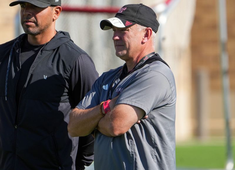 Texas Tech head coach Joey McGuire looks on during football practice, Monday, Aug. 17, 2026, at the Womble Football Center.