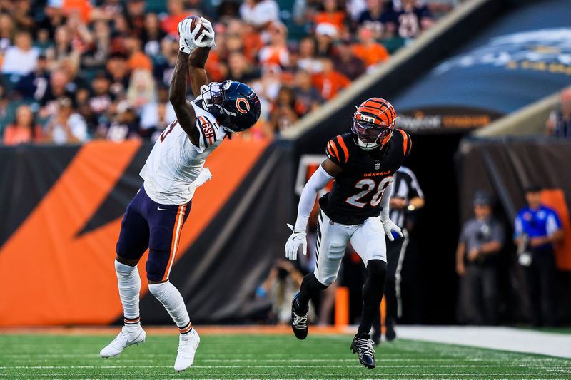 Aug 22, 2026; Cincinnati, Ohio, USA; Chicago Bears wide receiver Jahdae Walker (9) catches a pass against Cincinnati Bengals cornerback Josh Newton (28) in the first half at Paycor Stadium. Mandatory Credit: Katie Stratman-Imagn Images