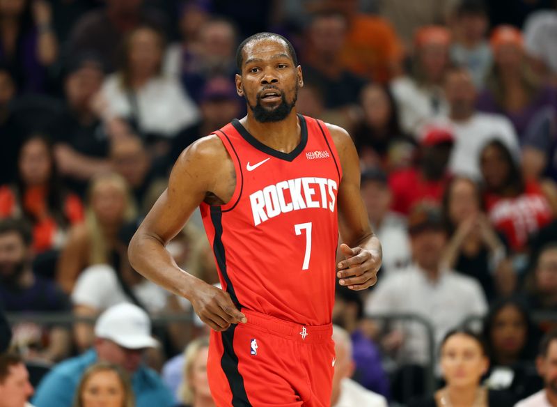 Apr 7, 2026; Phoenix, Arizona, USA; Houston Rockets forward Kevin Durant (7) against the Phoenix Suns at Mortgage Matchup Center. Mandatory Credit: Mark J. Rebilas-Imagn Images