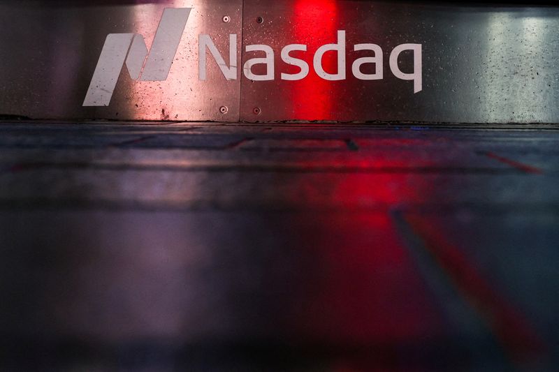 FILE PHOTO: A logo is displayed at the Nasdaq stock market site in New York City, U.S., April 7, 2025. REUTERS/Kylie Cooper/File Photo