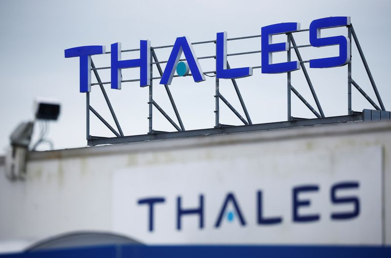 The logo of Thales is seen on a company building in Brest, France, March 14, 2022. REUTERS/Stephane Mahe