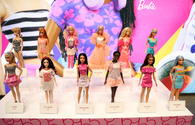 FILE PHOTO: The new and old versions of the classic Barbie dolls are on display at Mattel Design Center in El Segundo, California, U.S., February 22, 2024. REUTERS/Mario Anzuoni/File Photo