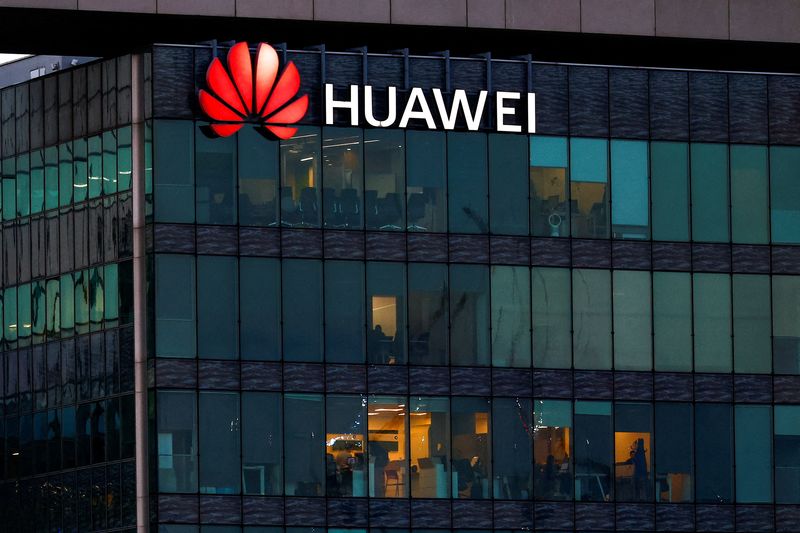 FILE PHOTO: A view shows a Huawei logo at Huawei Technologies France headquarters in Boulogne-Billancourt near Paris, France, January 9, 2025. REUTERS/Gonzalo Fuentes/File Photo