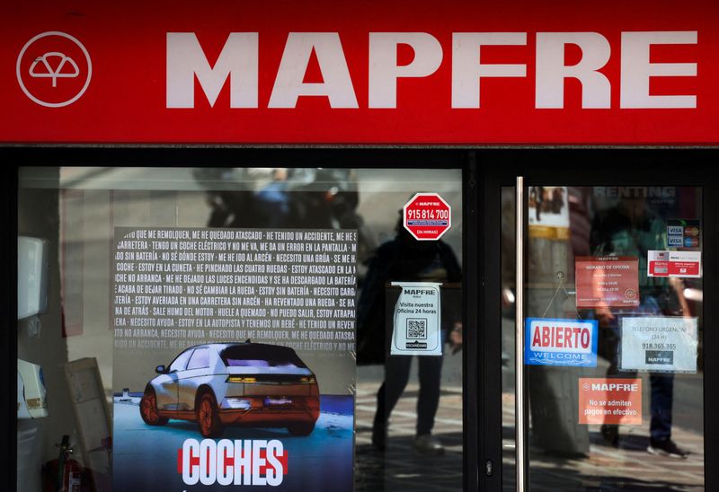 FILE PHOTO: The logo of Spain's insurance company Mapfre is seen outside one of its offices, in Ronda, Spain, April 23, 2024. REUTERS/Jon Nazca/File Photo