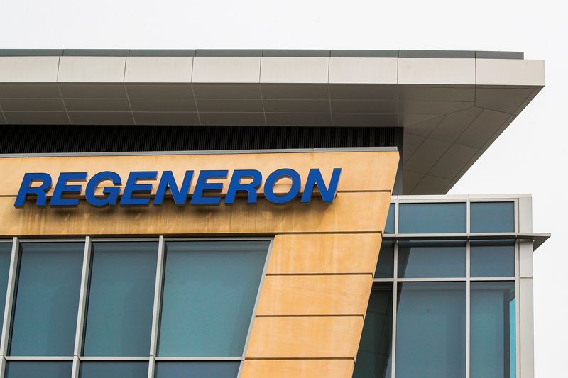 FILE PHOTO: The Regeneron Pharmaceuticals company logo is seen on a building at the company's Westchester campus in Tarrytown, New York, U.S. September 17, 2020. Picture taken September 17, 2020. REUTERS/Brendan McDermid/File photo