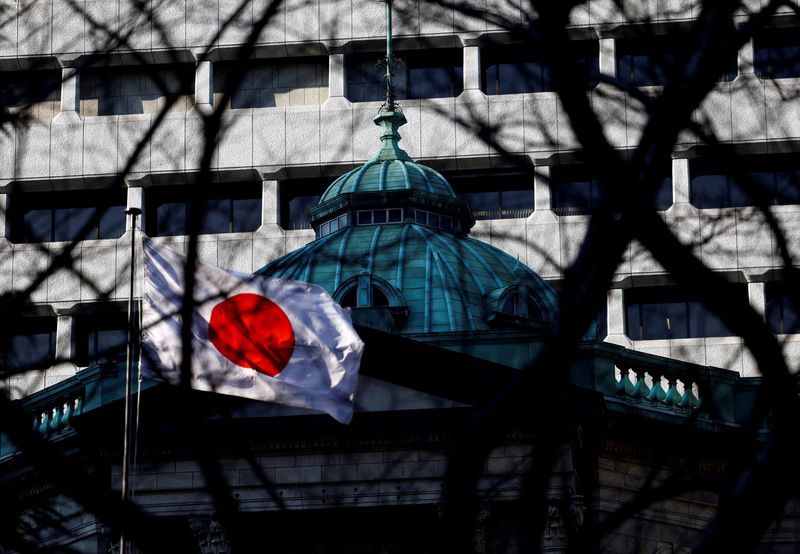 FILE PHOTO: Japanese national flag hoisted atop of the Bank of Japan headquarters is seen through trees in Tokyo, Japan January 23, 2025.  REUTERS/Issei Kato/File Photo