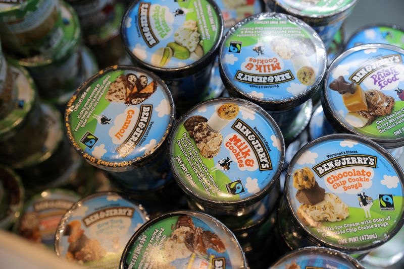 FILE PHOTO: Ben & Jerry's, a brand of Unilever, is seen on display in a store in Manhattan, New York City, U.S., March 24, 2022. REUTERS/Andrew Kelly/File Photo