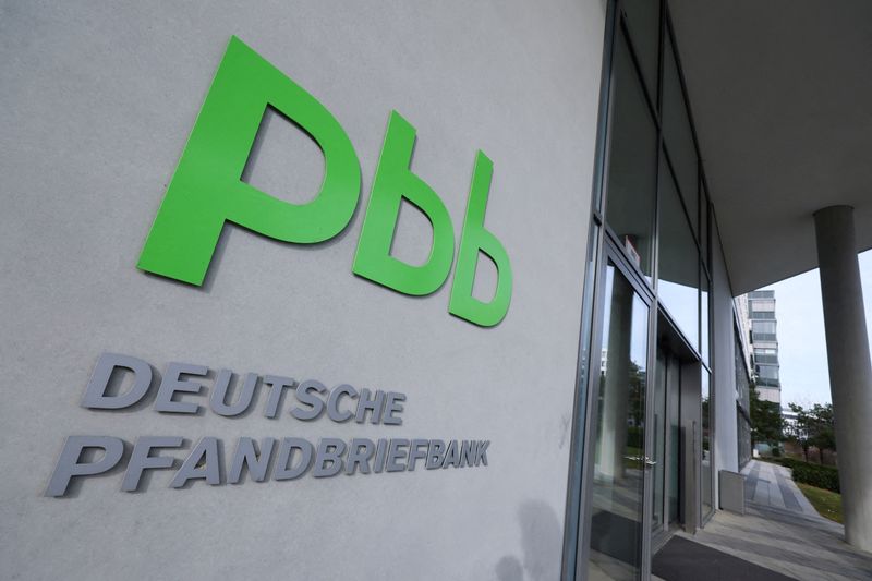 FILE PHOTO: The logo of troubled German property lender Deutsche Pfandbriefbank pbb is pictured at its headquarters as the real estate crisis widens, in Garching near Munich, Germany, February 18, 2024. REUTERS/Wolfgang Rattay/File Photo
