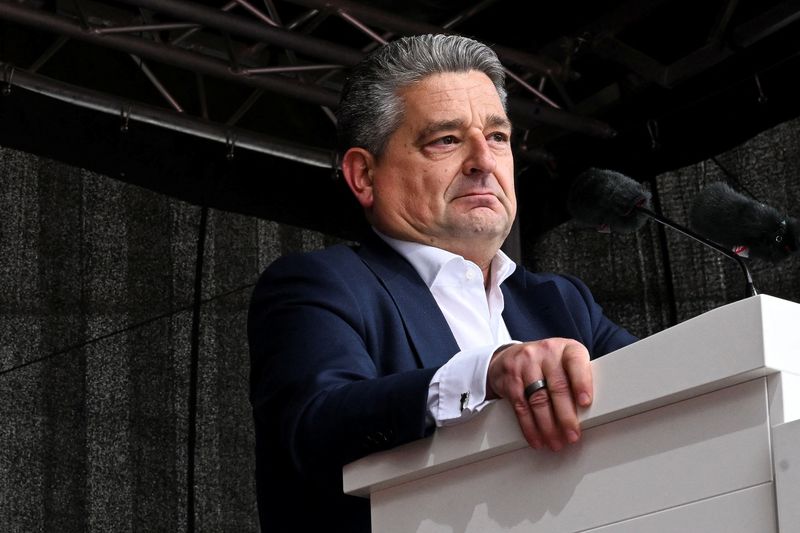 FILE PHOTO: CEO of ThyssenKrupp Miguel Angel Lopez Borrego reacts while addressing Thyssenkrupp steelworkers rally at an IG Metall union protest in Essen, Germany, May 23, 2024. REUTERS/Jana Rodenbusch/File Photo