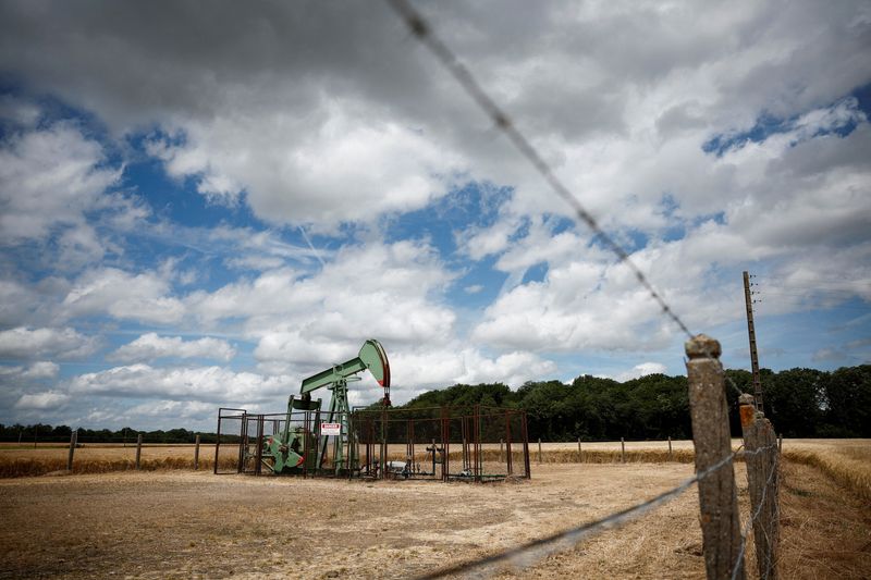 FILE PHOTO: A pumpjack operates at the Vermilion Energy site in Trigueres, France, June 14, 2024. REUTERS/Benoit Tessier/File Photo