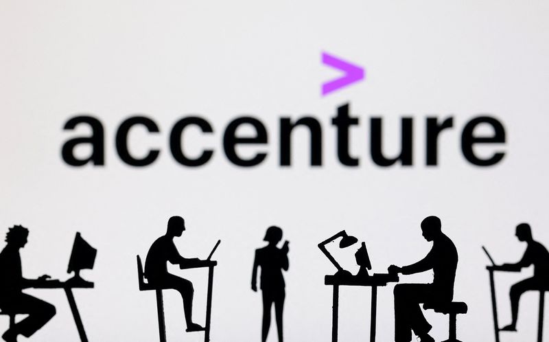 FILE PHOTO: Figurines with computers and smartphones are seen in front of Accenture logo in this illustration taken, February 19, 2024. REUTERS/Dado Ruvic/Illustration