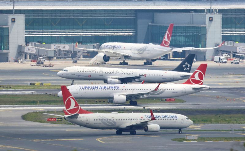 FILE PHOTO: Turkish Airlines (THY) aircraft are pictured on the tarmac of Istanbul Grand Airport in Istanbul, Turkey May 23, 2023. REUTERS/Yoruk Isik/File Photo