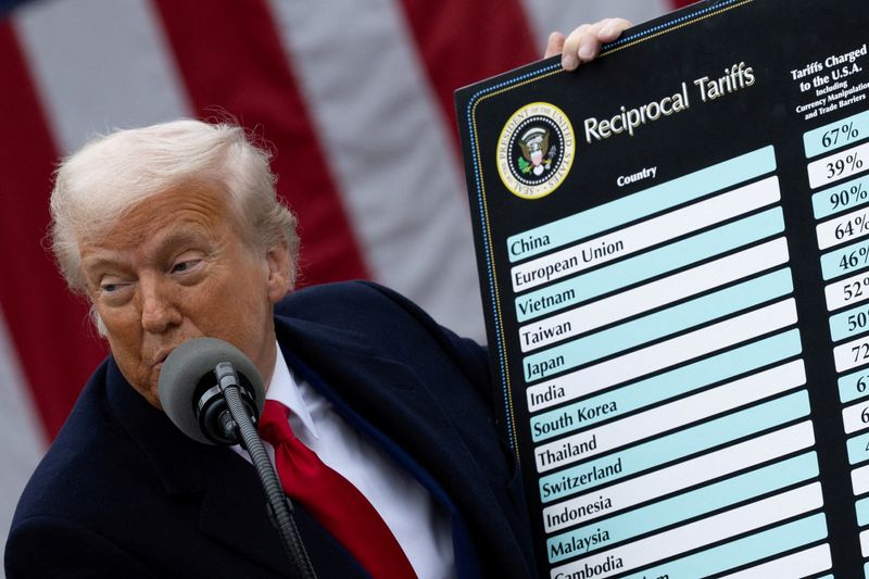 FILE PHOTO: U.S. President Donald Trump delivers remarks on tariffs in the Rose Garden at the White House in Washington, D.C., U.S., April 2, 2025. REUTERS/Carlos Barria/File Photo