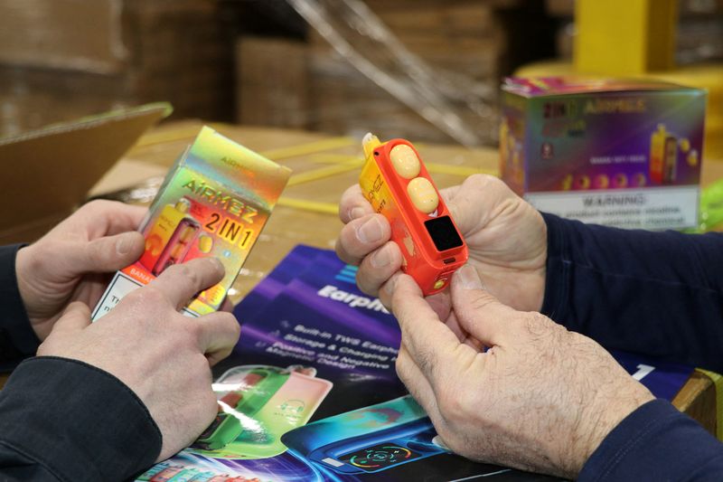 Unauthorized Chinese-made vapes seized in a raid outside of Chicago, Illinois, U.S., by members of the Food and Drug Administration (FDA) and U.S. Customs and Border Protection (CBP) are shown in this handout photo released to Reuters June 17, 2025.   CBP/Handout via REUTERS   ATTENTION EDITORS - THIS PICTURE WAS PROVIDED BY A THIRD PARTY NO RESALES. NO ARCHIVES