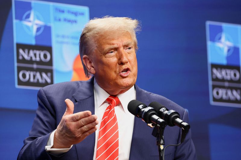 U.S. President Donald Trump speaks during a press conference at the NATO summit in The Hague, Netherlands June 25, 2025. REUTERS/Piroschka Van De Wouw
