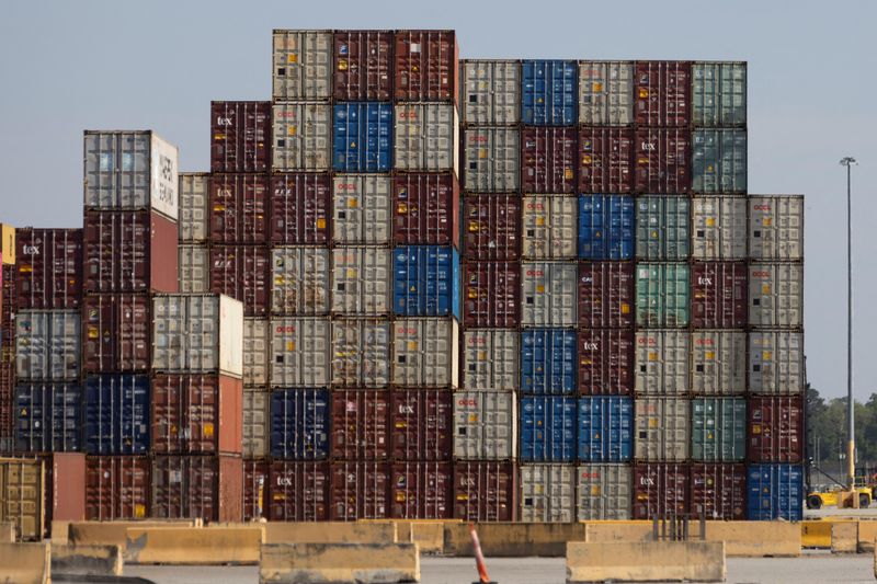 FILE PHOTO: Shipping containers are stacked at the Port of Authority Savannah in Savannah, Georgia, U.S. May 6, 2025. REUTERS/Alyssa Pointer/File Photo