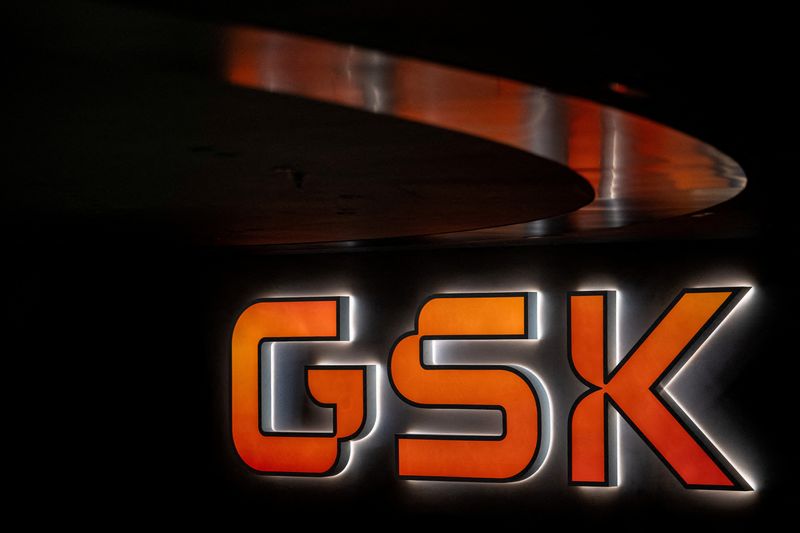 FILE PHOTO: Signage is pictured in the main lobby of GSK offices in London, Britain, February 20, 2025. REUTERS/Chris J. Ratcliffe/File Photo