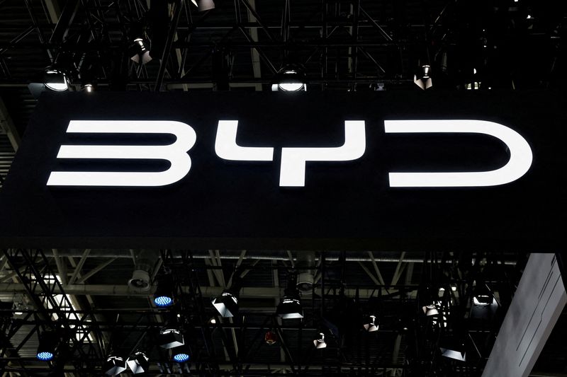 FILE PHOTO: The BYD logo is displayed at the Beijing International Automotive Exhibition, or Auto China 2024, in Beijing, China, April 25, 2024. REUTERS/Tingshu Wang/File Photo