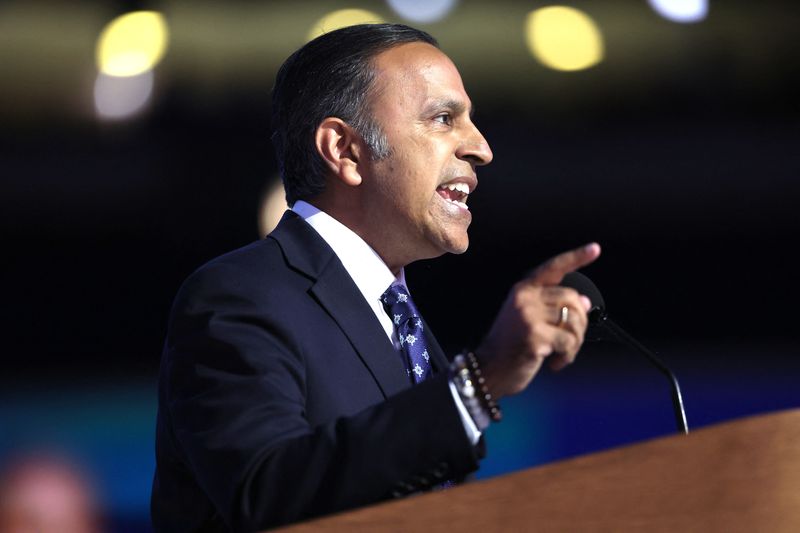 U.S. Rep., Raja Krishnamoorthi (D-IL) takes the stage on Day 4 of the Democratic National Convention (DNC) at the United Center in Chicago, Illinois, U.S., August 22, 2024. REUTERS/Kevin Wurm/File Photo