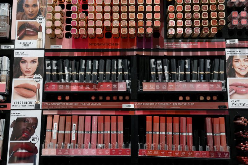 FILE PHOTO: A range of L'Oreal cosmetics are pictured in a store in Paris, France, April 3, 2025. REUTERS/Benoit Tessier/File Photo