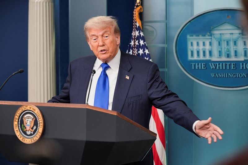 FILE PHOTO: U.S. President Donald Trump speaks to the media in the Press Briefing Room at the White House in Washington D.C., June 27, 2025. REUTERS/Ken Cedeno/ File Photo