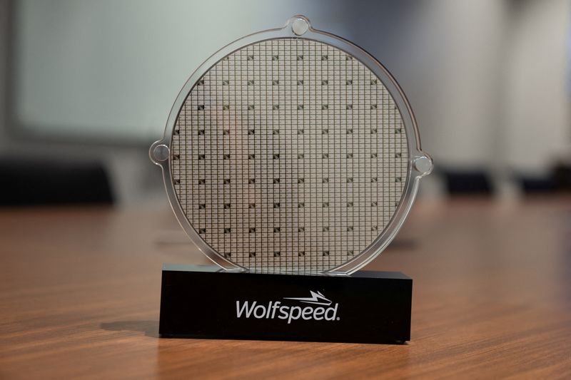 FILE PHOTO: U.S. power chip maker Wolfspeed’s silicon carbide 200mm wafer is seen on display at Wolfspeed’s Mohawk Valley Fab in Marcy, New York, U.S., April 2022. Courtesy of Wolfspeed/Handout via Reuters./File Photo