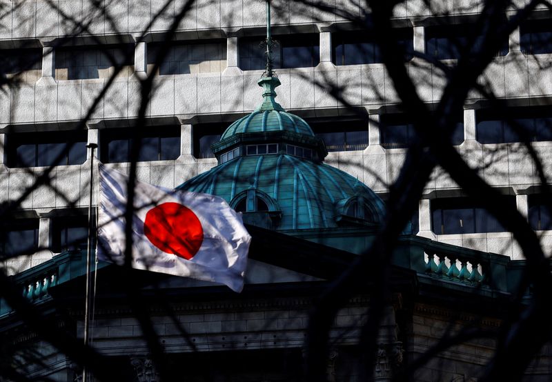 FILE PHOTO: Japanese national flag hoisted atop of the Bank of Japan headquarters is seen through trees in Tokyo, Japan January 23, 2025.  REUTERS/Issei Kato/ File Photo