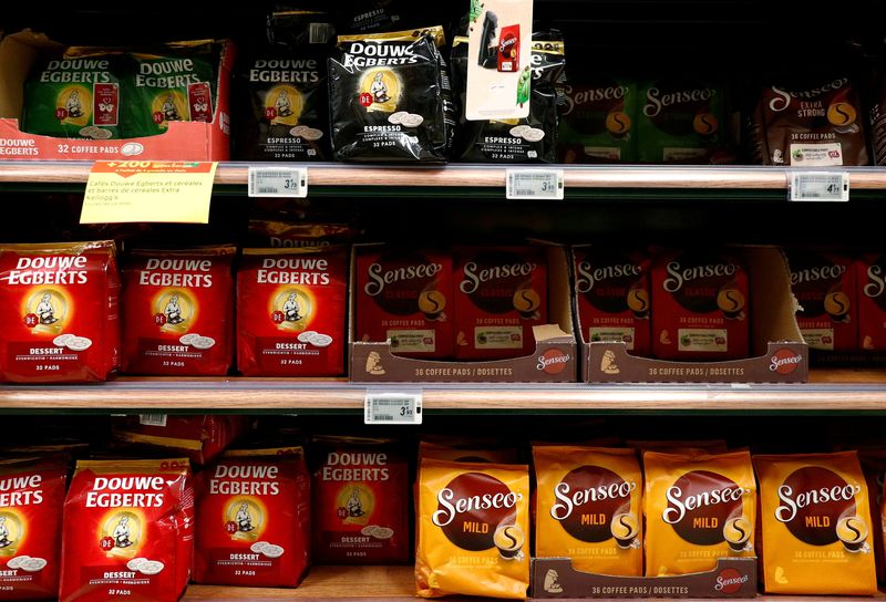 FILE PHOTO: Douwe Egberts and Senseo coffee packets are seen at a Carrefour supermarket in Brussels, Belgium, May 22, 2020. REUTERS/Francois Lenoir/File Photo