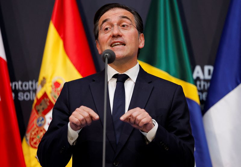 FILE PHOTO: Spanish Foreign Minister Jose Manuel Albares speaks during a press conferenc in Madrid, Spain, May 25, 2025. REUTERS/Juan Medina/File Photo