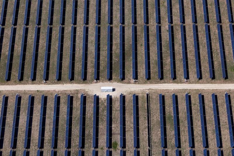 An aerial view shows rows of solar panels at a solar farm in Anson, Texas, U.S., April 23, 2025. REUTERS/Daniel Cole/File Photo