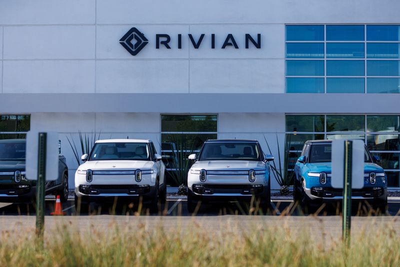 FILE PHOTO: A Rivian Automotive Inc facility is pictured in Costa Mesa, California, U.S.,November 1, 2023.     REUTERS/Mike Blake/File Photo