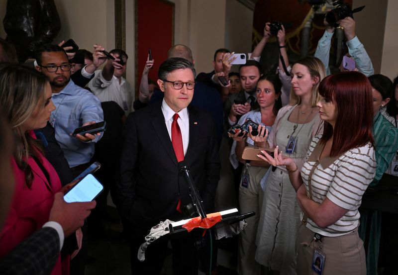 U.S House of Representatives Speaker Mike Johnson speaks to the press as Republican lawmakers struggle to pass U.S. President Donald Trump's sweeping spending and tax bill, on Capitol Hill, in Washington, D.C., U.S., July 2, 2025. REUTERS/Annabelle Gordon
