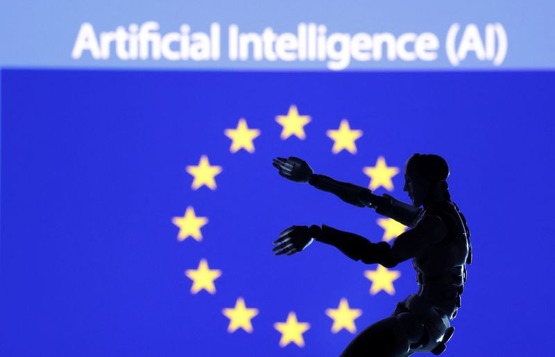AI Artificial intelligence words, miniature of robot and EU flag are seen in this illustration taken December 21, 2023. REUTERS/Dado Ruvic/Illustration