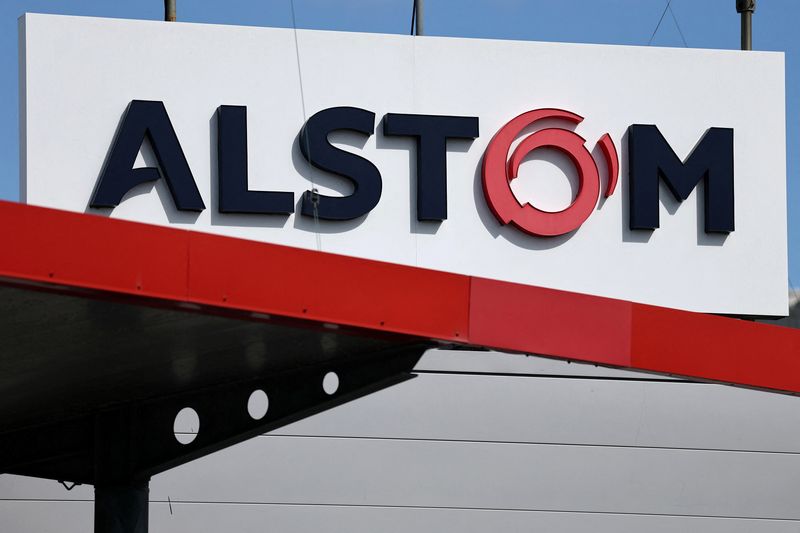 FILE PHOTO: A logo of Alstom is seen outside the Alstom factory in Aytre, near La Rochelle, France, March 14, 2025. REUTERS/Stephane Mahe/File photo