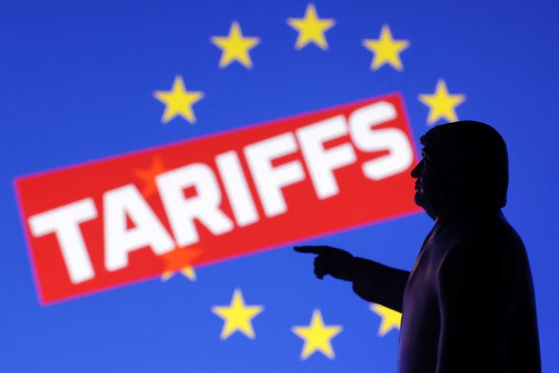 FILE PHOTO: A 3D-printed miniature model depicting U.S. President Donald Trump depicting European Union flag and word "Tariffs" in this illustration taken,  April 17, 2025. REUTERS/Dado Ruvic/Illustration/File Photo