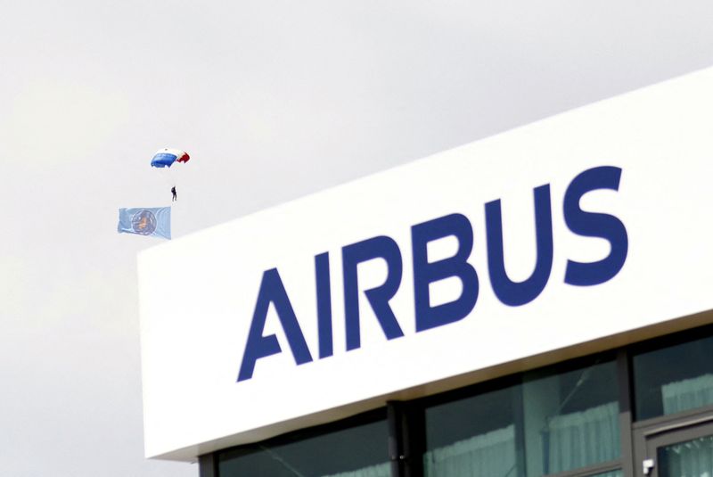FILE PHOTO: The Airbus logo at the company's pavilion during the 55th edition of the International Paris Air Show at the Paris-Le Bourget Airport, in Le Bourget, near Paris, France, June 20, 2025. MOHAMMED BADRA/Pool via REUTERS/File Photo