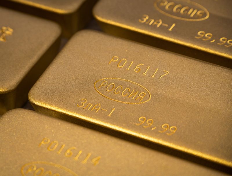 FILE PHOTO: A view shows ingots of 99.99 percent pure gold in a workroom during production at Krastsvetmet precious metals plant in the Siberian city of Krasnoyarsk, Russia, May 23, 2024.  REUTERS/Alexander Manzyuk/File Photo
