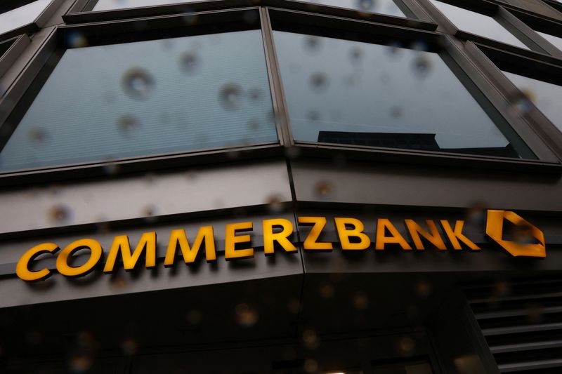 FILE PHOTO: The logo of  Commerzbank is pictured at the company's headquarters in Frankfurt, Germany, February 13, 2025. REUTERS/Kai Pfaffenbach/ File Photo