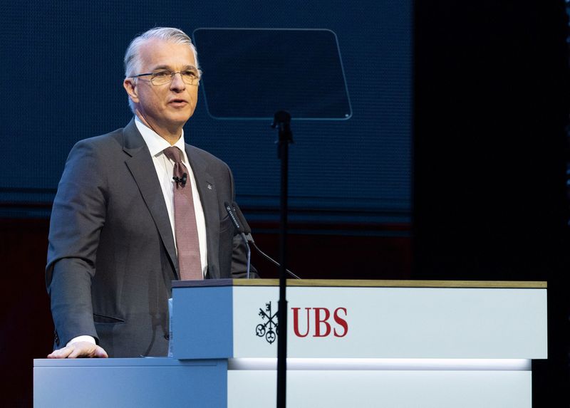 FILE PHOTO: Sergio P. Ermotti, CEO addresses the Annual General meeting of Swiss bank UBS in Lucerne, Switzerland, April 10, 2025. REUTERS/Denis Balibouse/File Photo