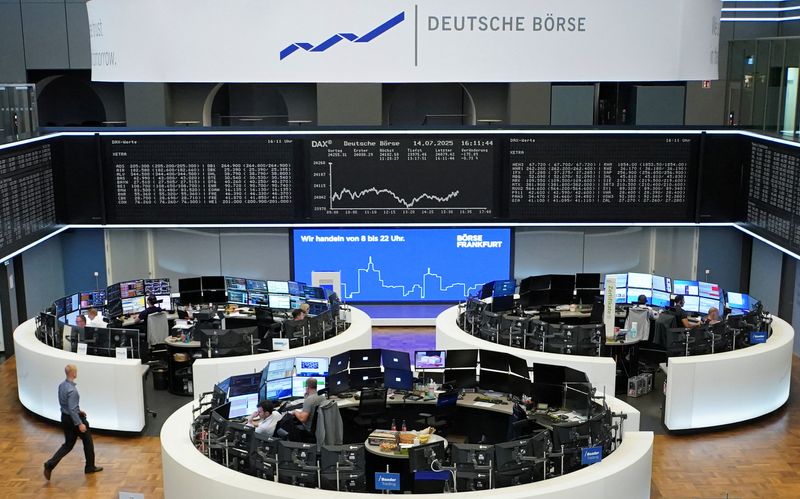 German share price index DAX graph is pictured at the stock exchange in Frankfurt, Germany, July 14, 2025.    REUTERS/Wolfgang Rattay