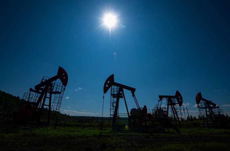FILE PHOTO: A view shows oil pump jacks outside Almetyevsk, in the Republic of Tatarstan, Russia July 14, 2025. REUTERS/Stringer/ File Photo