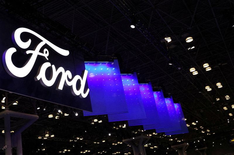 A Ford automobile logo is seen during the New York International Auto Show Press Preview in New York City, U.S., April 16, 2025. REUTERS/Shannon Stapleton/File Photo