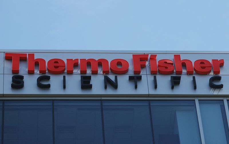 FILE PHOTO: A sign marks the offices of Thermo Fisher Scientific offices in Waltham, Massachusetts, U.S., August 2, 2023. REUTERS/Brian Snyder/File photo