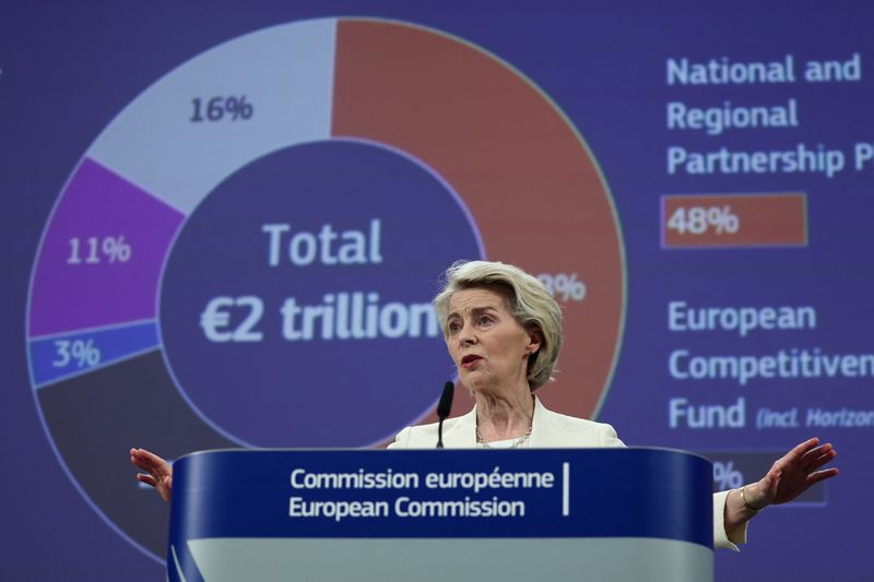 European Commission President Ursula von der Leyen speaks during a press conference on a proposal for the EU's next seven-year budget, in Brussels, Belgium July 16, 2025. REUTERS/Yves Herman