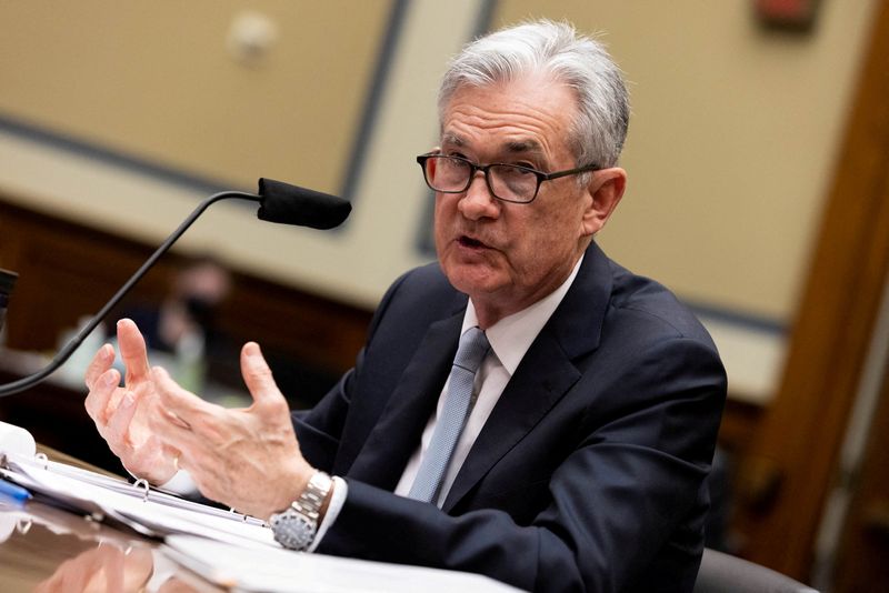 FILE PHOTO: Federal Reserve Chair Jerome Powell testifies during a U.S. House Oversight and Reform Select Subcommittee hearing on coronavirus crisis, on Capitol Hill in Washington, U.S., June 22, 2021. Graeme Jennings/Pool via REUTERS/File Photo