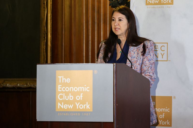 FILE PHOTO: Dr. Adriana Kugler, member of the Board of Governors of the Federal Reserve, speaks to The Economic Club of New York in New York City, U.S., June 5, 2025. REUTERS/Kylie Cooper/File Photo