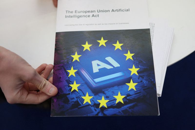 FILE PHOTO: A copy of "The European Union Artificial Intelligence (AI) Act" on display during the AI & Big Data Expo 2025 at the Olympia, in London, Britain, February 5, 2025. REUTERS/Isabel Infantes/File Photo