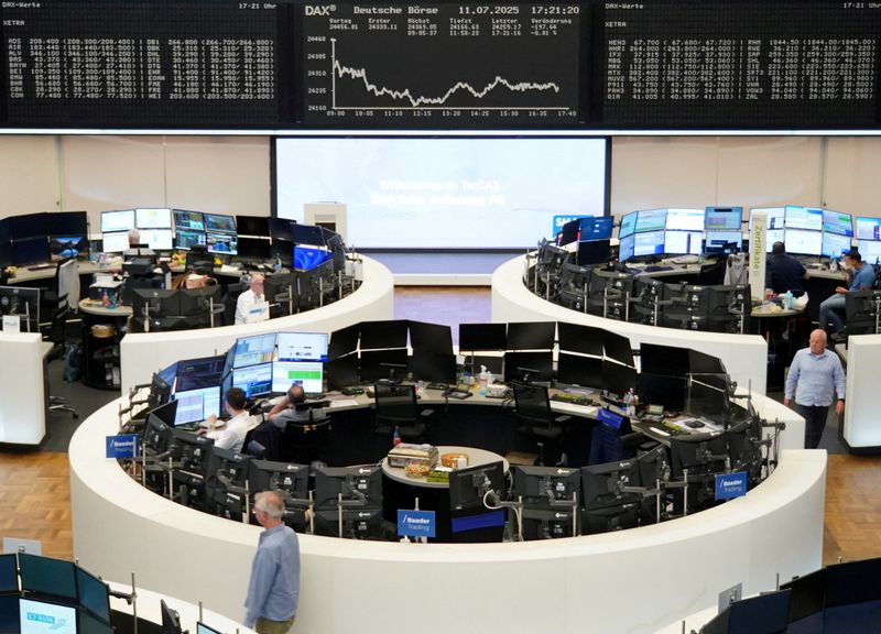 FILE PHOTO: German share price index DAX graph is pictured at the stock exchange in Frankfurt, Germany, July 11, 2025. REUTERS/staff/File Photo