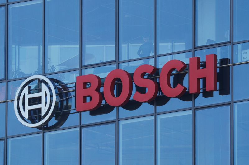 FILE PHOTO: The logo of Bosch is seen at an office building in Kyiv, Ukraine July 6, 2020. REUTERS/Valentyn Ogirenko/File Photo