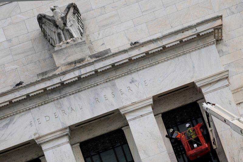 FILE PHOTO: Major construction work continues at the U.S. Federal Reserve building as U.S. President Donald Trump voices complaints about Fed Chair Jerome Powell, in Washington, D.C., U.S., July 14, 2025. REUTERS/Jonathan Ernst/File Photo